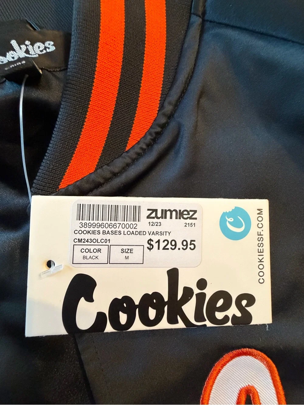 Cookies Men's Black Satin Varsity Jacket with Orange Trim